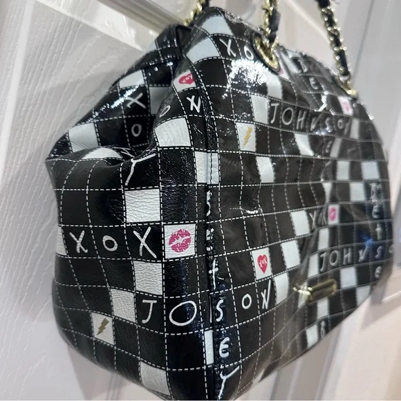 Black and White Scrabble Board Checkered Tote Bag Betsy Johnson - Picture 2 of 8